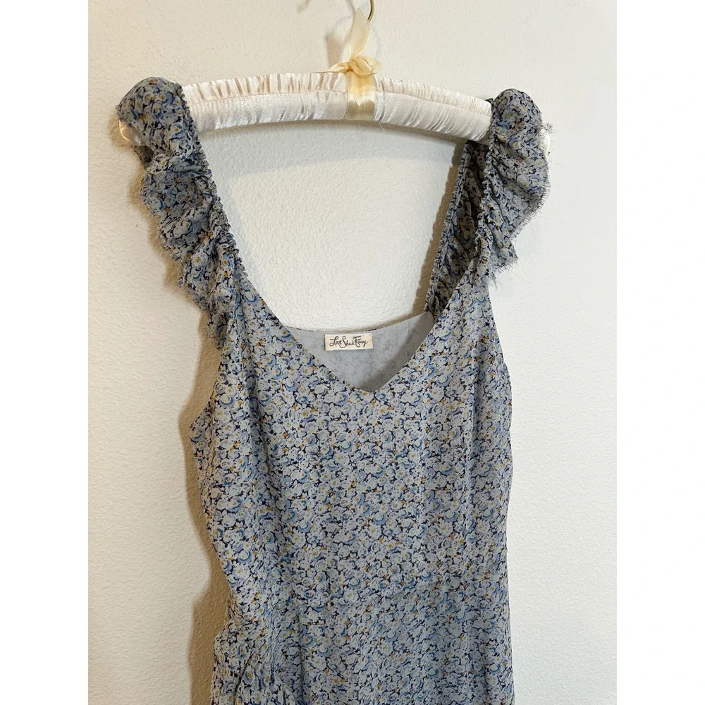 LoveShackFancy Silk‎ Midi Dress Size 4 Blue Floral Ruffle High-Low Romantic Boho